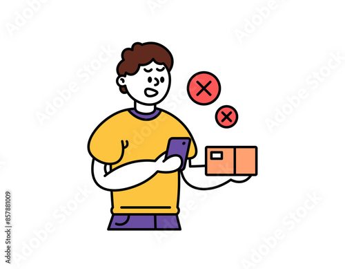 illustration of a man angry and annoyed because the package he received was wrong. buyers or customers who are unhappy because they received an inappropriate package. package damaged. outline style