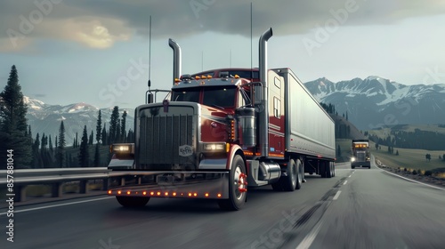 Industrial long hauler big rig black semi truck tractor with truck driver sleeping compartment transporting cargo in dry van semi trailer driving on the straight wide highway
