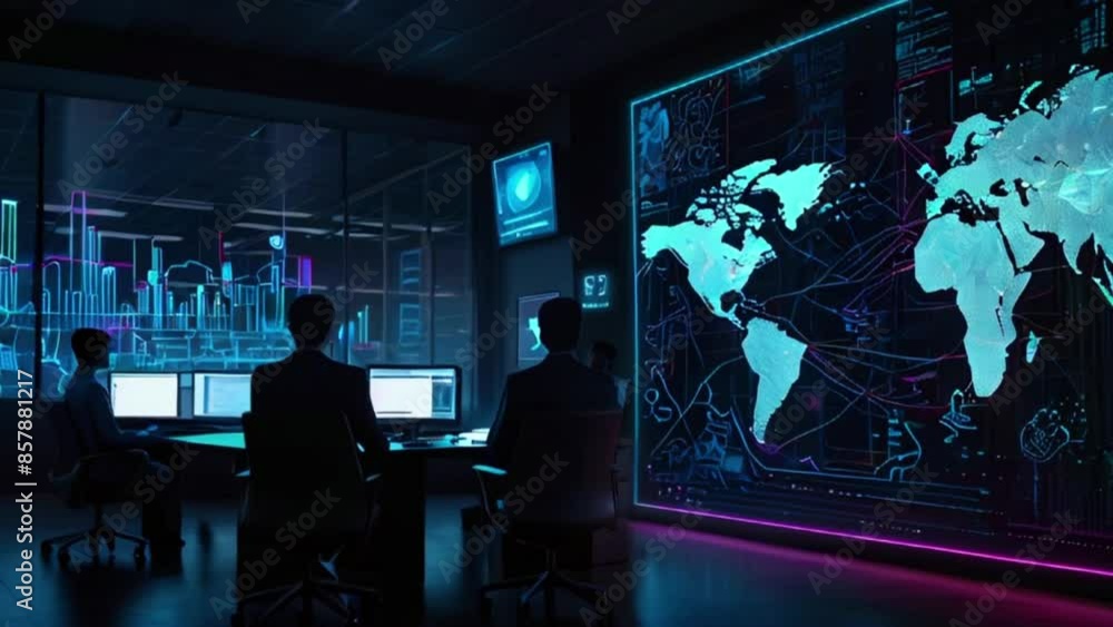 A dark room with two people sitting at computers. There is a large screen on the wall with a map of the world. A dark room with two people sitting at computers. There is a large screen on the wall with a map of the world.