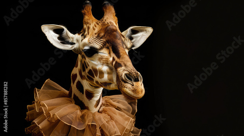 A majestic giraffe, adorned with a frill on its neck, poses for a beautiful portrait with copyspace for text. photo