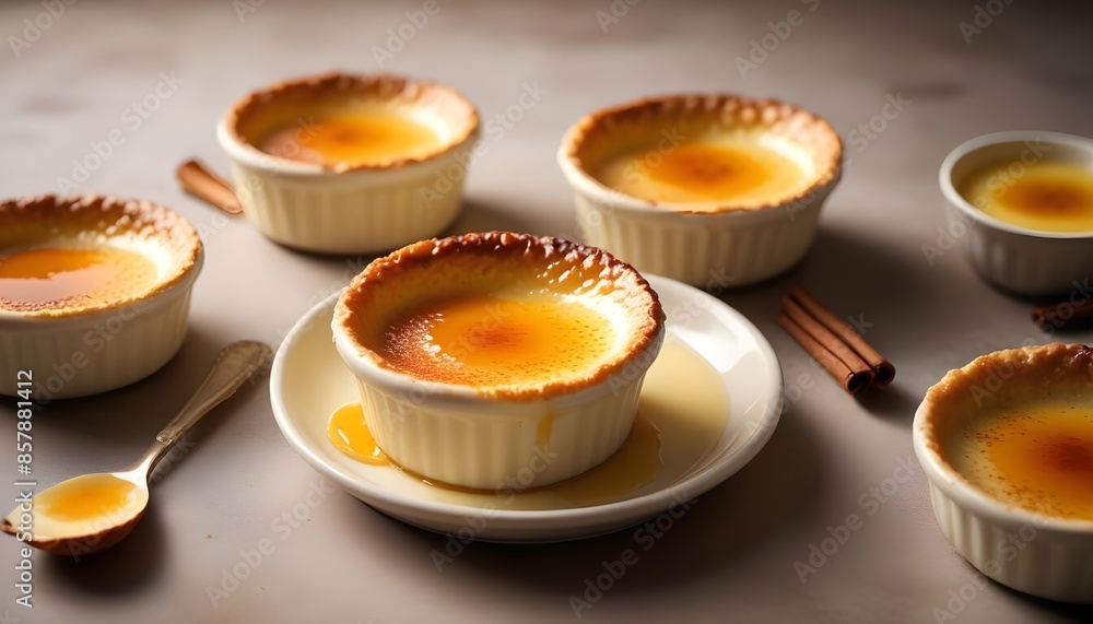 Crème brûlée freshly prepared in the restaurant, with caramel topping, served on a bright plate Crème brûlée freshly prepared in the restaurant, with caramel topping, served on a bright plate