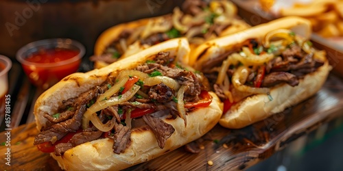Exploring Philly Cheesesteak Sandwiches at a Street Food Market. Concept Street Food, Philly Cheesesteak, Food Market, Ultimate Sandwich Experience photo