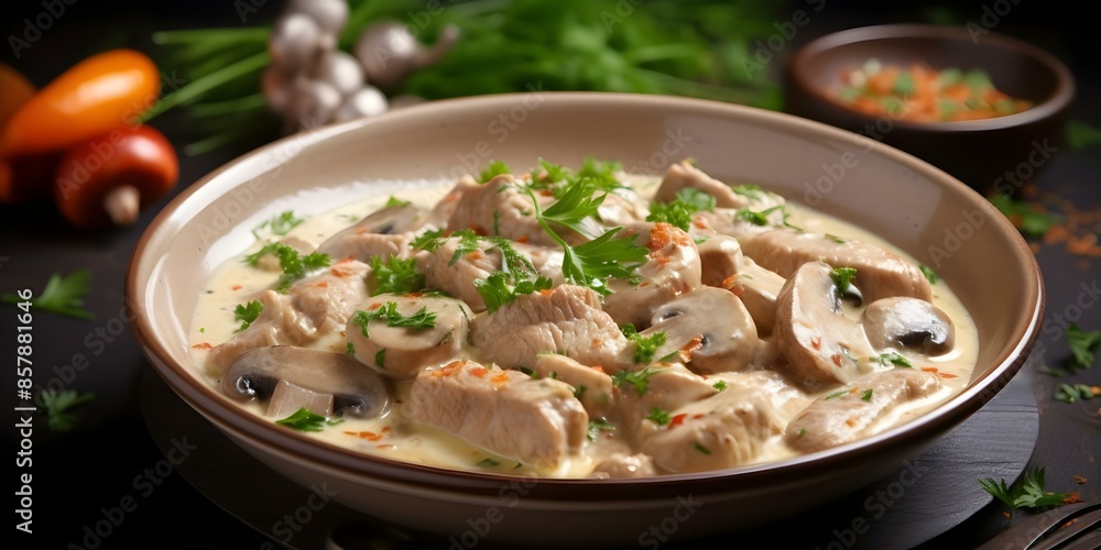 Indulge in the enchanting flavors of veal blanquette, a delectable French classic. Concept French cuisine, Veal Blanquette, Cooking techniques, Culinary traditions Indulge in the enchanting flavors of veal blanquette, a delectable French classic. Concept French cuisine, Veal Blanquette, Cooking techniques, Culinary traditions
