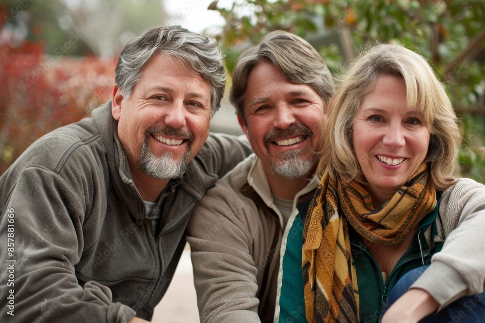 Senior couple with their adult daughter in the garden. They are smiling. Senior couple with their adult daughter in the garden. They are smiling.