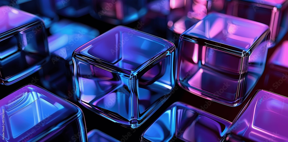 3D Render of Blue and Purple Glass Squares on Black Background, Futuristic Technology Geometric Pattern Wallpaper 3D Render of Blue and Purple Glass Squares on Black Background, Futuristic Technology Geometric Pattern Wallpaper