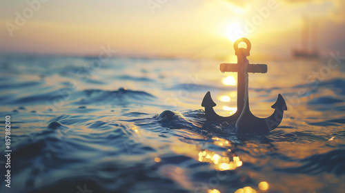 Cross-Shaped Anchor Floating over Sunrise Sea Surface