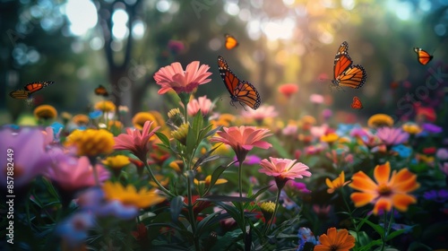 A vibrant botanical garden bursting with colorful flowers in full bloom, butterflies flitting among the petals