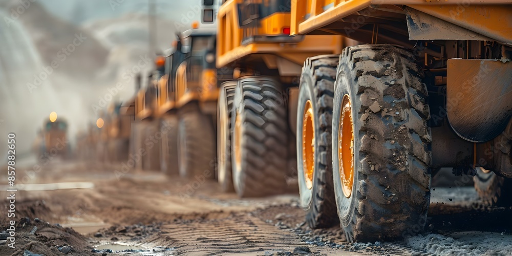 A line of construction vehicles on a dusty road at work. Concept Construction Vehicles, Dusty Road, Work in Progress, Industrial Scene, Heavy Machinery A line of construction vehicles on a dusty road at work. Concept Construction Vehicles, Dusty Road, Work in Progress, Industrial Scene, Heavy Machinery