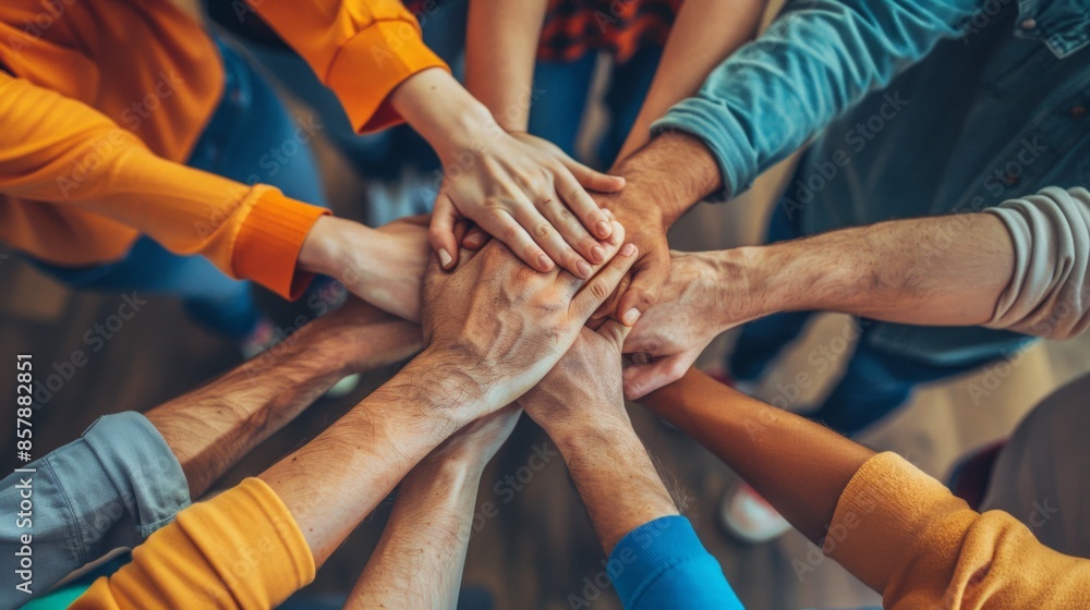Colleagues clasping hands to strengthen teamwork and organizational bonding Colleagues clasping hands to strengthen teamwork and organizational bonding