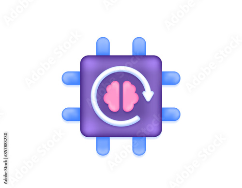 Artificial Intelligence technology. auto generate. computer system. illustration of CPU or processor components, brain, and reload or refresh symbol. icon or symbol. minimalist 3d concept design