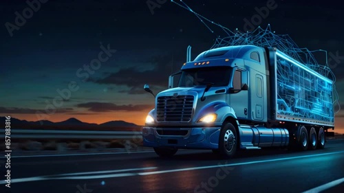 This is the front view of a blue semi-truck on an asphalt road at night with a slight right bend. There are mountains in the distance and a setting sun.