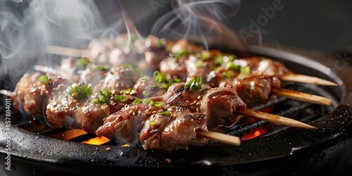 Closeup of sizzling yakitori skewers on a hot grill with smoke. Concept Food Photography, Japanese Cuisine, Grilled Skewers, Yakitori, Sizzling Barbecue photo