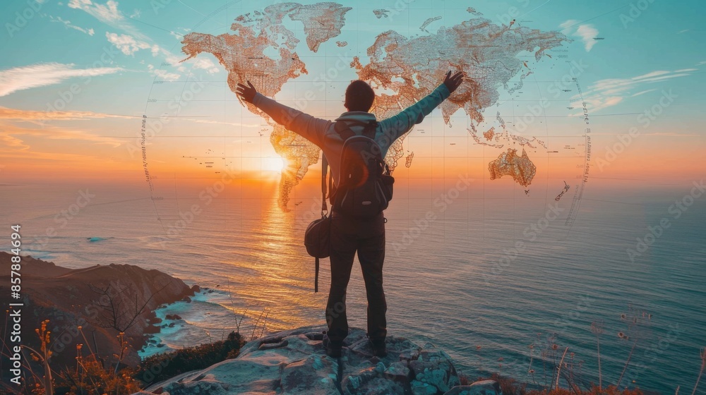 Fototapeta premium Man happy and free at beach traveling in nature