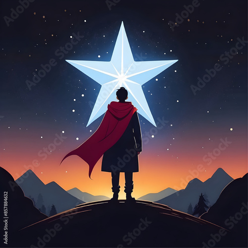 Reaching for the Stars: A solitary figure, cloaked in red, stands atop a mountain, gazing up at a luminous star in the night sky. This evocative illustration captures ambition and hope