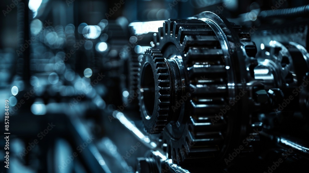 High-contrast image of shiny metal gear wheels in a dark industrial environment High-contrast image of shiny metal gear wheels in a dark industrial environment