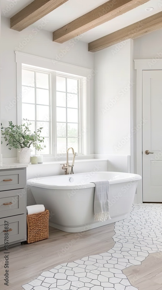 A modern bathroom features a white freestanding tub, wood trim, and a window A modern bathroom features a white freestanding tub, wood trim, and a window