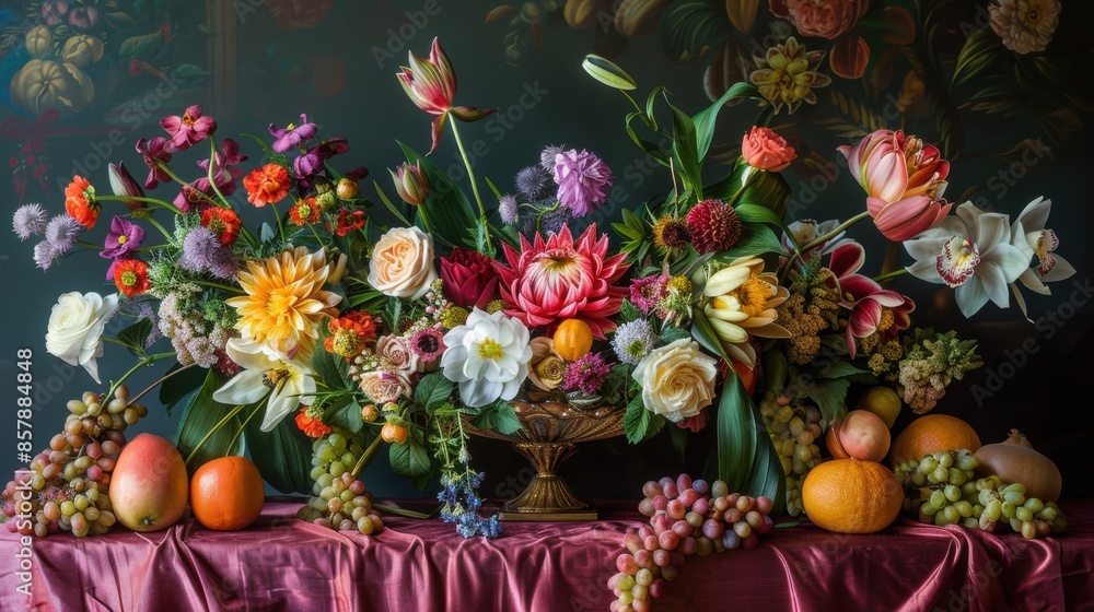 A vibrant still life with a variety of exotic flowers and fruits arranged on a silk tablecloth A vibrant still life with a variety of exotic flowers and fruits arranged on a silk tablecloth