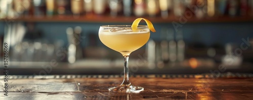 A Refreshing Cocktail on a Bar Counter With a Lemon Twist