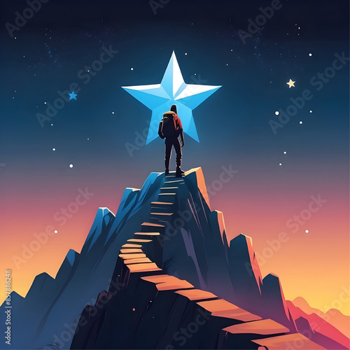 Reaching for the Stars: A lone figure stands atop a mountain peak, gazing up at a large, glowing star in the night sky. The image symbolizes ambition, perseverance, and the pursuit of dreams.  
