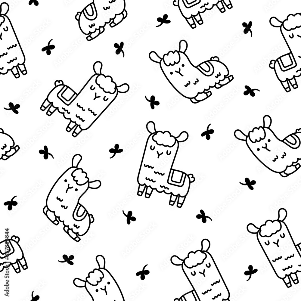 Naklejka premium Cute kawaii llama or alpaca. Seamless pattern. Coloring Page. Animals cartoon character. Hand drawn style. Vector drawing. Design ornaments.