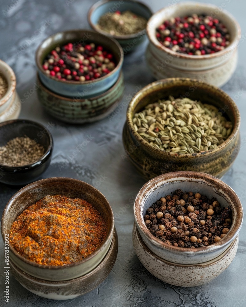 Various spices in rustic ceramic bowls, assortment of culinary ingredients for cooking concept Various spices in rustic ceramic bowls, assortment of culinary ingredients for cooking concept