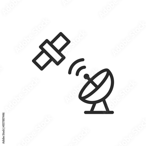 Satellite dish exchanging signal with satellite, linear style icon. Editable stroke width