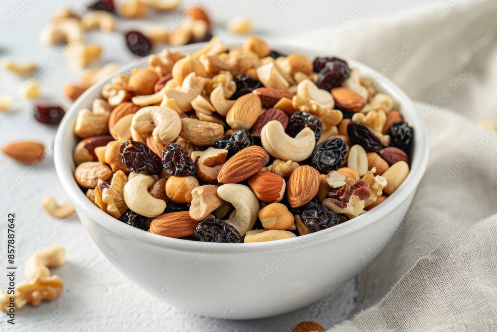 A healthy snack bowl filled with a mix of assorted nuts and dried fruits, perfect for a quick energy boost or as a nutritious treat A healthy snack bowl filled with a mix of assorted nuts and dried fruits, perfect for a quick energy boost or as a nutritious treat