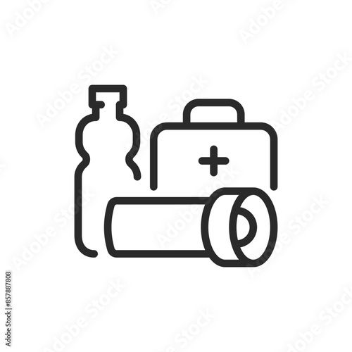 Emergency kit, linear style icon. A collection of emergency supplies including a water bottle, flashlight, and first aid kit, preparedness for emergencies. Editable stroke width.