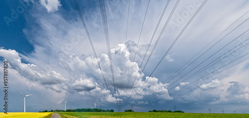 Ziehenden Gewitter mit Wolkenfetzen am Himmel und landwirtschaftlich genutzten Äckern am Boden und Überlandleitungen oder Hochspannungsleitungen mit Strommasten und Rotorblättern einer Windkraftanlage photo