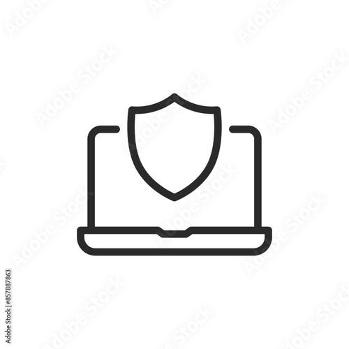 Shield with laptop, linear style icon. cybersecurity and data protection. Editable stroke width.