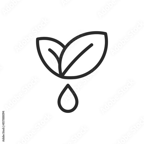 Leaves with drop, linear style icon. Plant extract. Editable stroke width