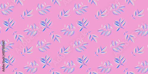 Tiny abstract shape branches leaves scattered randomly on a seamless pattern. Tropical botanical pink print. Simple creative floral leaf patterned. Vector hand drawing sketch. Design for textiles