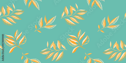 Colorful pattern with abstract shape yellow branches leaves . Creative tropical botanical seamless printing on a turquoise background. Vector hand drawing sketch. Design for fashion, fabric,textiles