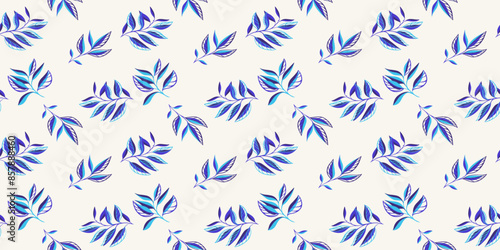 Blue abstract shape branches leaves scattered randomly on a seamless pattern. Creative tiny tropical leaf stems print on a light background. Vector hand drawing sketch. Design for fashion, fabric