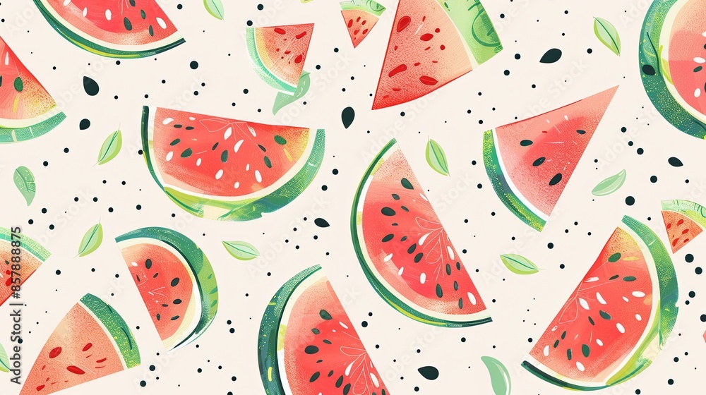 A digital illustration of a seamless pattern of watermelon slices with black seeds on a light background. Generative AI A digital illustration of a seamless pattern of watermelon slices with black seeds on a light background. Generative AI
