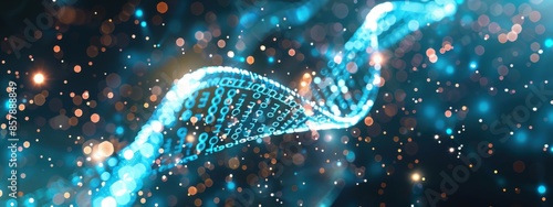 A close-up of a DNA strand transforming into digital code, with a dark blue, starry background. photo