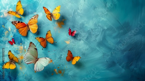 A painting of many butterflies on a blue background
