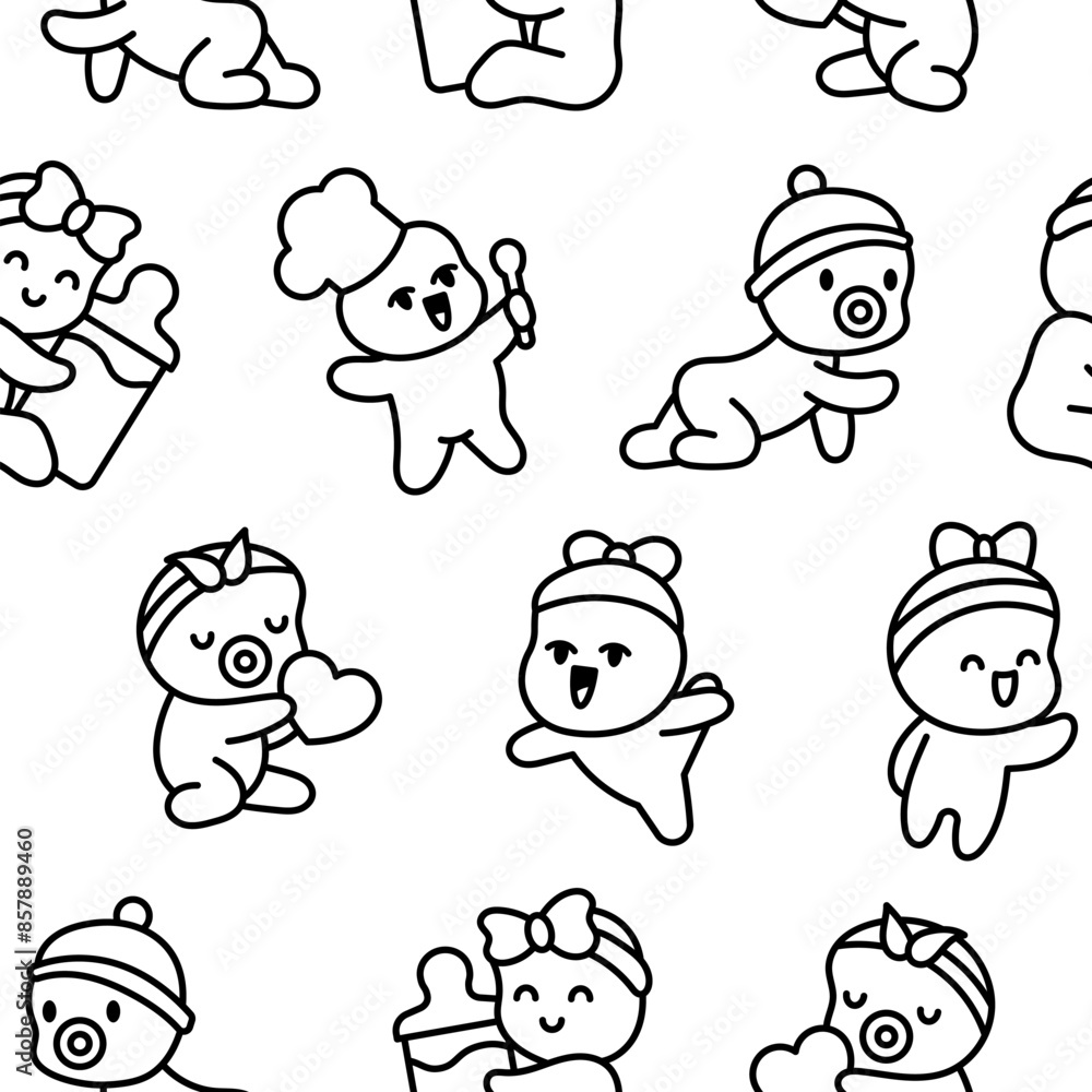 Cute baby girl. Seamless pattern. Coloring Page. Cartoon little newborn character. Hand style. Vector drawing. Design ornaments. Cute baby girl. Seamless pattern. Coloring Page. Cartoon little newborn character. Hand style. Vector drawing. Design ornaments.