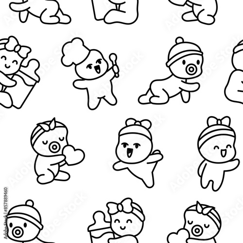 Cute baby girl. Seamless pattern. Coloring Page. Cartoon little newborn character. Hand style. Vector drawing. Design ornaments.