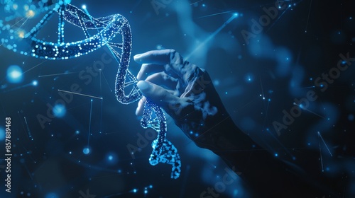 A low polygon design showing DNA in a physician's hand on a blue background.