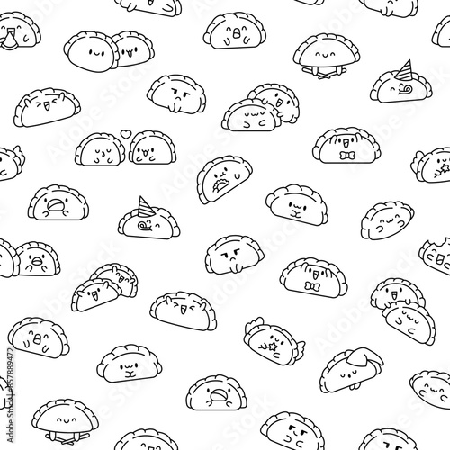 Cute kawaii dumpling. Seamless pattern. Coloring Page. Cartoon Chinese food characters. Hand drawn style. Vector drawing. Design ornaments.