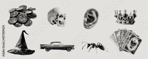Futuristic retro halftone object set, surrealism contemporary vector sticker design