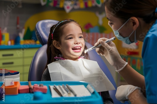School girl at the dentist before back to school for the first day at school teeth examination