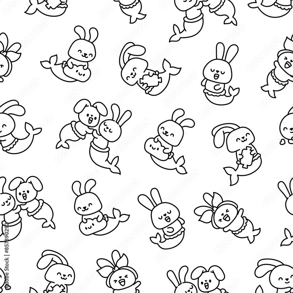 Cute kawaii bunny mermaid. Seamless pattern. Coloring Page. Cartoon little rabbit. Fantasy animal characters. Hand drawn style. Vector drawing. Design ornaments. Cute kawaii bunny mermaid. Seamless pattern. Coloring Page. Cartoon little rabbit. Fantasy animal characters. Hand drawn style. Vector drawing. Design ornaments.