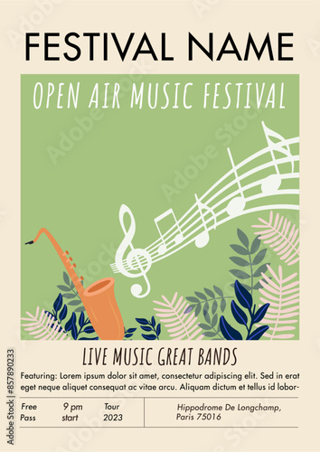 Open-air music festival poster, flyer. Outdoor fest, summer holiday picnic in park. Vector illustration
