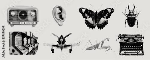 Futuristic retro halftone object set, surrealism contemporary vector sticker design