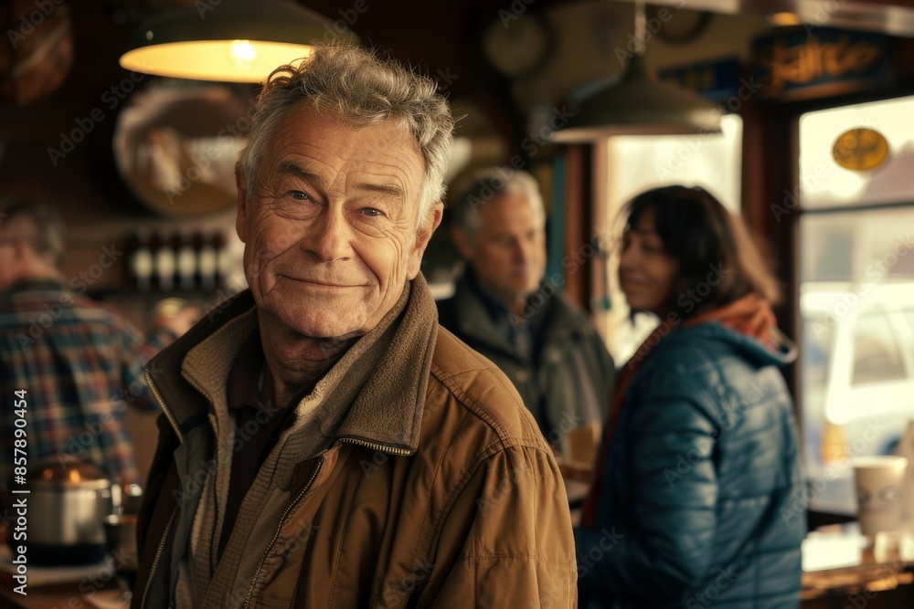 Portrait of a senior man standing in a pub with his family Portrait of a senior man standing in a pub with his family