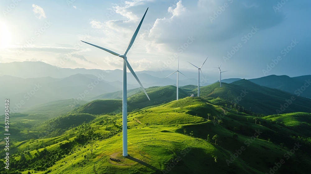Wind turbines on the mountains. Wind turbines generating renewable energy, Sustainable energy production, Clean technology, Green power solutions, Renewable resources Wind turbines on the mountains. Wind turbines generating renewable energy, Sustainable energy production, Clean technology, Green power solutions, Renewable resources