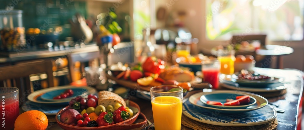 Fathers Day breakfast setting close up, celebration, vibrant, Fusion, kitchen backdrop Fathers Day breakfast setting close up, celebration, vibrant, Fusion, kitchen backdrop