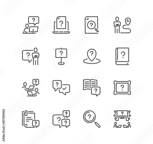 Set of question related icons, confused man, quiz, faq guide, job interview, questions, question mark and linear variety symbols.
